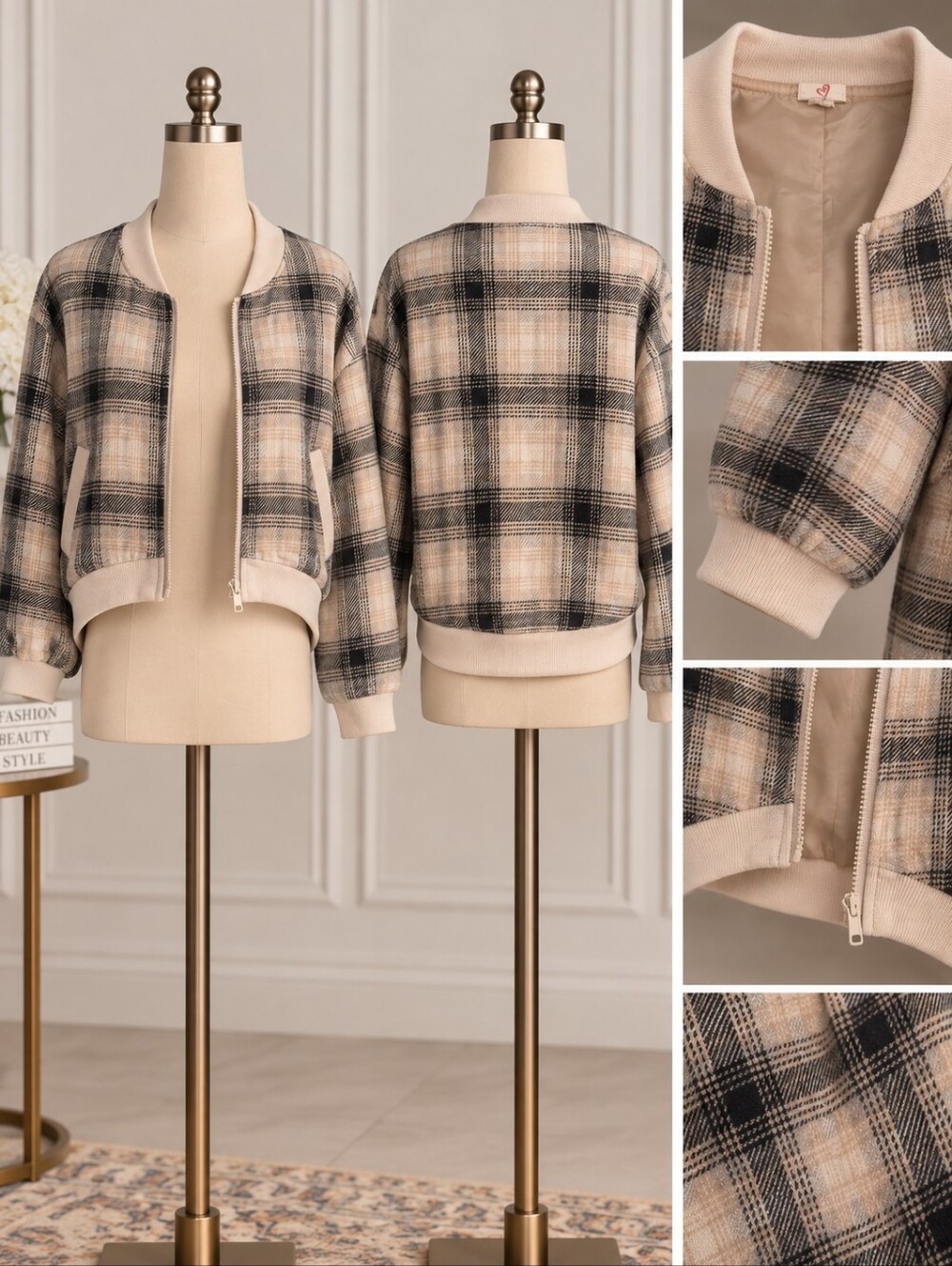 J.O.A. Plaid Bomber Jacket in Beige and Black